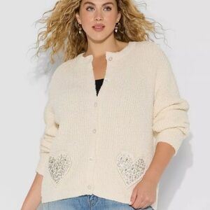 Wicked- Katie Kime Cream Cardigan with Heart Embellished Pockets 1X (NWT)